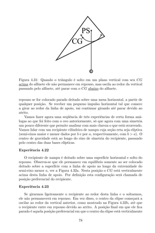CG
PS
Figura 4.31: Quando o triângulo é solto em um plano vertical com seu CG
acima do alﬁnete ele não permanece em repouso, mas oscila ao redor da vertical
passando pelo alﬁnete, até parar com o CG abaixo do alﬁnete.
repouso se for colocado parado deitado sobre uma mesa horizontal, a partir de
qualquer posição. Se receber um pequeno impulso horizontal tal que comece
a girar ao redor da linha de apoio, vai continuar girando até parar devido ao
atrito.
Vamos fazer agora uma seqüência de três experiências de certa forma aná-
logas ao que foi feito com o ovo anteriormente, só que agora com uma simetria
um pouco diferente que permite analisar com mais clareza o que está ocorrendo.
Vamos lidar com um recipiente cilíndrico de xampu cuja seção reta seja elíptica
(semi-eixos maior e menor dados por b e por a, respectivamente, com b > a). O
centro de gravidade está ao longo do eixo de simetria do recipiente, passando
pelo centro das duas bases elípticas.
Experiência 4.22
O recipiente de xampu é deitado sobre uma superfície horizontal e solto do
repouso. Observa-se que ele permanece em equilíbrio somente ao ser colocado
deitado sobre a superfície com a linha de apoio ao longo da extremidade do
semi-eixo menor a, ver a Figura 4.32a. Nesta posição o CG está verticalmente
acima desta linha de apoio. Por deﬁnição esta conﬁguração será chamada de
posição preferencial do recipiente.
Experiência 4.23
Se girarmos ligeiramente o recipiente ao redor desta linha e o soltarmos,
ele não permanecerá em repouso. Em vez disso, o centro da elipse começará a
oscilar ao redor da vertical anterior, como mostrado na Figura 4.32b, até que
o recipiente entre em repouso devido ao atrito. A posição ﬁnal em que ele ﬁca
parado é aquela posição preferencial em que o centro da elipse está verticalmente
78
 