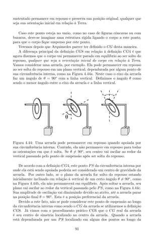 sustentado permanece em repouso e preserva sua posição original, qualquer que
seja sua orientação inicial em relação à Terra.
Caso este ponto esteja no vazio, como no caso de ﬁguras côncavas ou com
buracos, deve-se imaginar uma estrutura rígida ligando o corpo a este ponto,
para que o corpo ﬁque suspenso por este ponto.
Veremos depois que Arquimedes parece ter deﬁnido o CG desta maneira.
A diferença principal da deﬁnição CG8 em relação à deﬁnição CG4 é que
agora dizemos que o corpo vai permanecer parado em equilíbrio ao ser solto do
repouso, qualquer que seja a orientação inicial do corpo em relação à Terra.
Vamos considerar uma arruela, por exemplo. Ela pode permanecer em repouso
ao ser solta do repouso em um plano vertical, dependurada por algum ponto de
sua circunferência interna, como na Figura 4.44a. Neste caso o eixo da arruela
faz um ângulo de θ = 90o
com a linha vertical. Deﬁnimos o ângulo θ como
sendo o menor ângulo entre o eixo da arruela e a linha vertical.
θ
Figura 4.44: Uma arruela pode permanecer em repouso quando apoiada por
sua circunferência interna. Contudo, ela não permanece em repouso para todas
as orientações em que é solta. Se θ = 90o
, seu centro vai oscilar ao redor da
vertical passando pelo ponto de suspensão após ser solta do repouso.
De acordo com a deﬁnição CG4, este ponto PS da circunferência interna por
onde ela está sendo apoiada poderia ser considerado um centro de gravidade da
arruela. Por outro lado, se o plano da arruela for solto do repouso estando
inicialmente inclinado em relação à vertical de um certo ângulo θ = 90o
, como
na Figura 4.44b, ela não permanecerá em equilíbrio. Após soltar a arruela, seu
plano vai oscilar ao redor da vertical passando pelo PS, como na Figura 4.44c.
Sua amplitude de oscilação vai diminuindo devido ao atrito, até a arruela parar
na posição ﬁnal θ = 90o
. Esta é a posição preferencial da arruela.
Devido a este fato, não se pode considerar este ponto de suspensão ao longo
da circunferência interna como sendo o CG da arruela se utilizarmos a deﬁnição
CG8. Já vimos com o procedimento prático CG6 que o CG real da arruela
é seu centro de simetria localizado no centro da arruela. Quando a arruela
está dependurada por um PS localizado em algum dos pontos ao longo da
91
 