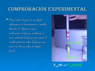 COMPROBACIÓN EXPERIMENTAL Para medir el peso de un objeto utilizamos un dinamómetro o muelle. Cuando el  objeto no tiene aceleración, la fuerza resultante es cero: midiendo la fuerza que ejerce el muelle podemos saber la fuerza que ejerce la Tierra sobre el objeto (peso) F T,o =? F m,o =0,5 N F res =0     F T,o =0,5 N 