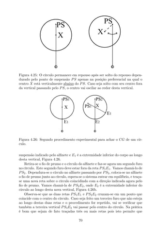 X
PS
X
PS
Figura 4.25: O círculo permanece em repouso após ser solto do repouso depen-
durado pelo ponto de suspensão PS apenas na posição preferencial na qual o
centro X está verticalmente abaixo do PS. Caso seja solto com seu centro fora
da vertical passando pelo PS, o centro vai oscilar ao redor desta vertical.
X
PS1
E1
X
PS2
E2
E1
PS1
Figura 4.26: Segundo procedimento experimental para achar o CG de um cír-
culo.
suspensão indicado pelo alﬁnete e E1 é a extremidade inferior do corpo ao longo
desta vertical, Figura 4.26.
Retira-se o ﬁo de prumo e o círculo do alﬁnete e faz-se agora um segundo furo
no círculo. Este segundo furo deve estar fora da reta PS1E1. Vamos chamá-lo de
PS2. Dependura-se o círculo no alﬁnete passando por PS2, coloca-se no alﬁnete
o ﬁo de prumo junto ao círculo, espera-se o sistema entrar em equilíbrio, e traça-
se uma nova reta sobre o círculo coincidindo com a direção indicada agora pelo
ﬁo de prumo. Vamos chamá-la de PS2E2, onde E2 é a extremidade inferior do
círculo ao longo desta nova vertical, Figura 4.26b.
Observa-se que as duas retas PS1E1 e PS2E2 cruzam-se em um ponto que
coincide com o centro do círculo. Caso seja feito um terceiro furo que não esteja
ao longo destas duas retas e o procedimento for repetido, vai se veriﬁcar que
também a terceira vertical PS3E3 vai passar pelo centro do círculo. Na prática
é bom que sejam de fato traçadas três ou mais retas pois isto permite que
70
 