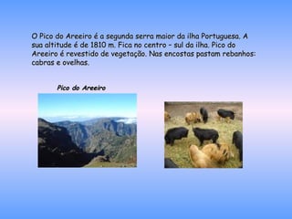 O Pico do Areeiro é a segunda serra maior da ilha Portuguesa. A sua altitude é de 1810 m. Fica no centro – sul da ilha. Pico do Areeiro é revestido de vegetação. Nas encostas pastam rebanhos: cabras e ovelhas. Pico do Areeiro 
