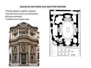 IGLESIA DE SAN CARLO ALLE QUATTRO FONTANE
- Planta elíptica y capillas radiales
-Uso del muro curvo con elementos
cóncavo-convexos
- Cubierta con cúpula oval.
 