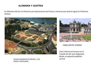ARQUITECTURA BARROCA EN ALEMANIA Y AUSTRIA
En el Sur de Alemania la influencia principal provino de Francia, mientras que Austria siguió la influencia
italiana.
PALACIO ZWINGER EN DRESDE, 1722
Clara influencia francesa en el
trazado de dos alas diagonales
desde un pequeño pabellón
central
PABELLÓN DE VERANO
DANIEL POPPELMAN
 