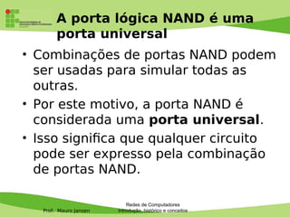 Prof. Mauro Jansen
A porta lógica NAND é uma
porta universal
• Combinações de portas NAND podem
ser usadas para simular todas as
outras.
• Por este motivo, a porta NAND é
considerada uma porta universal.
• Isso signifca que qualquer circuito
pode ser expresso pela combinação
de portas NAND.
Redes de Computadores
Introdução, histórico e conceitos
 