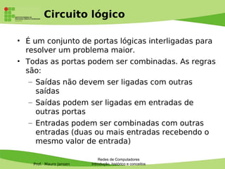 Prof. Mauro Jansen
Circuito lógico
• É um conjunto de portas lógicas interligadas para
resolver um problema maior.
• Todas as portas podem ser combinadas. As regras
são:
– Saídas não devem ser ligadas com outras
saídas
– Saídas podem ser ligadas em entradas de
outras portas
– Entradas podem ser combinadas com outras
entradas (duas ou mais entradas recebendo o
mesmo valor de entrada)
Redes de Computadores
Introdução, histórico e conceitos
 