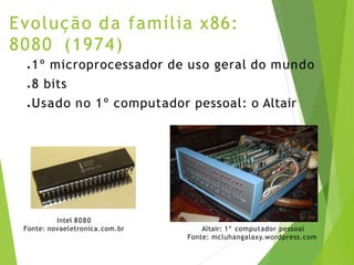 Evolução da família x86:
8080 (1974)
● 1º microprocessador de uso geral do mundo
● 8 bits
● Usado no 1º computador pessoal: o Altair
Intel 8080
Fonte: novaeletronica.com.br Altair: 1º computador pessoal
Fonte: mcluhangalaxy.wordpress.com
 
