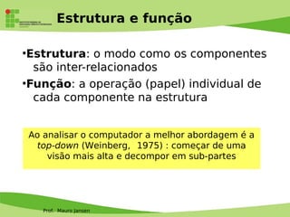 Prof. Mauro Jansen
Estrutura e função
●
Estrutura: o modo como os componentes
são inter-relacionados
●
Função: a operação (papel) individual de
cada componente na estrutura
Ao analisar o computador a melhor abordagem é a
top-down (Weinberg, 1975) : começar de uma
visão mais alta e decompor em sub-partes
 