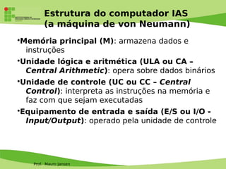 Prof. Mauro Jansen
Estrutura do computador IAS
(a máquina de von Neumann)
•Memória principal (M): armazena dados e
instruções
•Unidade lógica e aritmética (ULA ou CA –
Central Arithmetic): opera sobre dados binários
•Unidade de controle (UC ou CC – Central
Control): interpreta as instruções na memória e
faz com que sejam executadas
•Equipamento de entrada e saída (E/S ou I/O -
Input/Output): operado pela unidade de controle
 