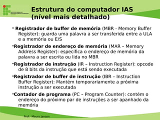 Prof. Mauro Jansen
Estrutura do computador IAS
(nível mais detalhado)
• Registrador de bufer de memória (MBR - Memory Bufer
Register): guarda uma palavra a ser transferida entre a ULA
e a memória ou E/S
•Registrador de endereço de memória (MAR – Memory
Address Register): especifca o endereço de memória da
palavra a ser escrita ou lida no MBR
•Registrador de instrução (IR – Instruction Register): opcode
de 8 bits da instrução que está sendo executada
•Registrador de bufer de instrução (IBR – Instruction
Bufer Register): Mantém temporariamente a próxima
instrução a ser executada
•Contador de programa (PC – Program Counter): contém o
endereço do próximo par de instruções a ser apanhado da
memória
 