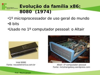 Prof. Mauro Jansen
Evolução da família x86:
8080 (1974)
●
1º microprocessador de uso geral do mundo
●
8 bits
●
Usado no 1º computador pessoal: o Altair
Intel 8080
Fonte: novaeletronica.com.br Altair: 1º computador pessoal
Fonte: mcluhangalaxy.wordpress.com
 