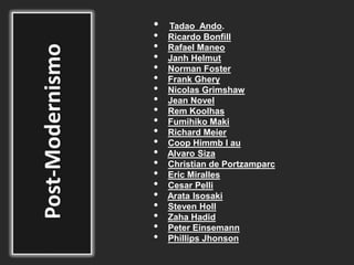 • Tadao Ando.
• Ricardo Bonfill
• Rafael Maneo
• Janh Helmut
• Norman Foster
• Frank Ghery
• Nicolas Grimshaw
• Jean Novel
• Rem Koolhas
• Fumihiko Maki
• Richard Meier
• Coop Himmb l au
• Alvaro Siza
• Christian de Portzamparc
• Eric Miralles
• Cesar Pelli
• Arata Isosaki
• Steven Holl
• Zaha Hadid
• Peter Einsemann
• Phillips Jhonson
 