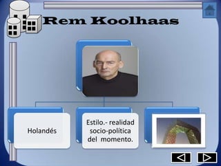 Rem Koolhaas




           Estilo.- realidad
Holandés    socio-política
           del momento.
 