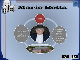 Mario Botta

                suizo




                         Combina
Estilo fuerte              muros
      y                  pesados
Geométrico                   con
                        estructuras
                          livianas
 