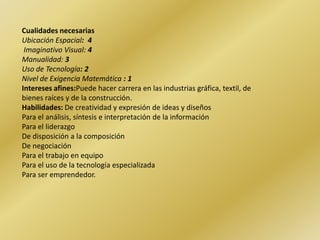 CualidadesnecesariasUbicación Espacial:  4 Imaginativo Visual: 4Manualidad: 3 Uso de Tecnología: 2Nivel de Exigencia Matemática :1 Interesesafines:Puede hacer carrera en las industrias gráfica, textil, de bienes raíces y de la construcción. Habilidades: De creatividad y expresión de ideas y diseñosPara el análisis, síntesis e interpretación de la informaciónPara el liderazgoDe disposición a la composiciónDe negociaciónPara el trabajo en equipoPara el uso de la tecnología especializadaPara ser emprendedor.