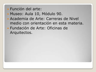 Función del arte:Museo: Aula 10, Módulo 90.Academia de Arte: Carreras de Nivel medio con orientación en esta materia.Fundación de Arte: Oficinas de Arquitectos.