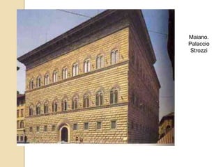 INNOVACIONES DE BRUNELLESCHILa simetría y regularidad de los elementos constructivos y la unidad de conjunto, se materializan en las líneas de perspectiva que guían la mirada del observador y otorgan al espacio amplitud y profundidadLa columna fundamentalmente, tanto por su función constructiva (sustentante), como decorativa, bien aislada, formando arquerías o combinadacon pilares.Se emplea el repertorio de  los cinco  órdenes clásicos.   La columna es esencial dado que el estudio de sus proporciones es uno de los fundamentos  del clasicismo, y sirve como pauta para determinar toda la proporción del edificio. Este  carácter rector de la columna es el fundamento esencial de la belleza arquitectónica en la concepción renacentista. Se utilizan todos los órdenes romanos, desde el rústico al  compuesto, enriquecido el corintio, que es el más utilizado.La idea renacentista de belleza y perfección se basa en un racionalismo orientado matemáticamente, de forma que la Teoría de la Proporción intenta llevar a un denominador común el canon de proporciones del cuerpo humano y las leyes matemáticas de las formas geométricas básicas, como la circunferencia y el cuadrado, y expresarlas en reglas de proporción de validez universal. Debían reflejar la armonía del Universo. El arquitecto vuelve a utilizar, de forma sistemática, el arco de medio punto. Sostenido por elegantes columnas de orden clásico y formando galerías o logias, su repetición rítmica contribuye a subrayar la claridad racional de los edificios renacentistas.