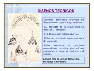 DISEÑOS TEÓRICOS Leonardo demuestra influencia de Bramante con quien trabajó en Milán -Su concepto de la arquitectura se basa  en 3  principios: El Edificio es un  Organismo vivo. Debe ser planteado como una obra de ingeniería Debe obedecer a principios matemáticos (simetría, proporciones calculadas en base al cuadrado o al círculo). Estudio para la Cúpula del Duomo. Biblioteca Ambrosiana 