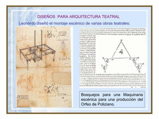 DISEÑOS  PARA ARQUITECTURA TEATRAL Leonardo diseñó el montaje escénico de varias obras teatrales: Bosquejos para una Maquinaria escénica para una producción del Orfeo de Poliziano. 