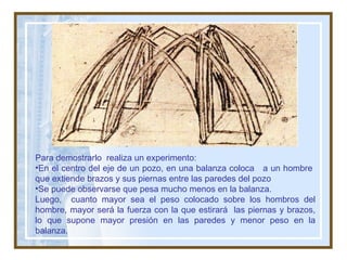 Para demostrarlo  realiza un experimento: En el centro del eje de un pozo, en una balanza coloca  a un hombre  que extiende brazos y sus piernas entre las paredes del pozo  Se puede observarse que pesa mucho menos en la balanza. Luego,  cuanto mayor sea el peso colocado sobre los hombros del hombre, mayor será la fuerza con la que estirará  las piernas y brazos, lo que supone mayor presión en las paredes y menor peso en la balanza. 