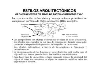 ESTILOS ARQUITECTÓNICOS
   ORGANIZACIONES POR TIPOS DE DATOS ABSTRACTOS Y O-O
La representación de los datos y sus operaciones primitivas se
encapsulan en Tipos de Datos Abstractos (TDA) u objetos.
        Manejador                     obj          op   op
         (TDA)        op                                     obj
                                             op
                             op
                                                  obj   op
                      obj        op          op
         Llamada de                                          Nota: obj es un manejador
                            op         obj                         op es una invocación
         un proceso                               op
•  Los componentes son objetos (o instancias de tipos de datos abstractos).
   Los objetos son ejemplos de un tipo de componente llamado manejador
   porque es el responsable de preservar la integridad de un recurso
•  Los objetos interactúan a través de invocaciones a funciones y
   procedimientos.
•  La implementación de las funciones y procedimientos está oculta para el
   objeto cliente, lo cual permite hacer las modificaciones fácilmente.
•  Para hacer uso de un servicio se hace necesario conocer la identidad del
   objeto; al hacer un cambio en un objeto es necesario modificar todos los
   objetos que lo invocan.
 