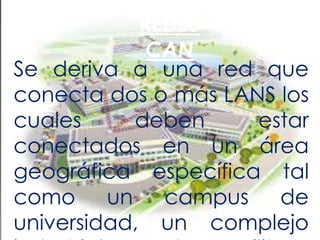 REDES
CAN
Se deriva a una red que
conecta dos o más LANS los
cuales
deben
estar
conectados en un área
geográfica específica tal
como un campus de
universidad, un complejo

 