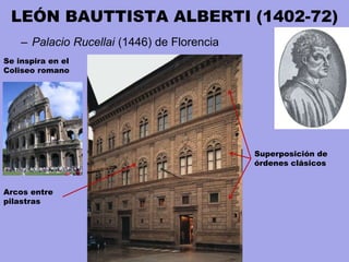 LEÓN BAUTTISTA ALBERTI (1402-72)
– Palacio Rucellai (1446) de Florencia
Se inspira en el
Coliseo romano
Arcos entre
pilastras
Superposición de
órdenes clásicos
 