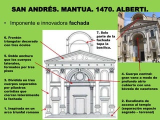 • Imponente e innovadora fachada
SAN ANDRÉS. MANTUA. 1470. ALBERTI.
1. Inspirada en un
arco triunfal romano
3. Dividida en tres
cuerpos separados
por pilastras
corintias que
cierran lateralmente
la fachada
4. Cuerpo central:
gran vano a modo de
profundo atrio
cubierto con una
bóveda de casetones
5. Doble anchura
que los cuerpos
laterales,
formados por tres
pisos
6. Frontón
triangular decorado
con tres óculos
2. Escalinata de
acceso al templo
(separación espacio
sagrado – terrenal)
7. Solo
parte de la
fachada
tapa la
basílica.
 