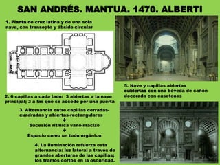 SAN ANDRÉS. MANTUA. 1470. ALBERTI
1. Planta de cruz latina y de una sola
nave, con transepto y ábside circular
2. 6 capillas a cada lado: 3 abiertas a la nave
principal; 3 a las que se accede por una puerta
3. Alternancia entre capillas cerradas-
cuadradas y abiertas-rectangulares

Sucesión rítmica vano-macizo

Espacio como un todo orgánico
4. La iluminación refuerza esta
alternancia: luz lateral a través de
grandes aberturas de las capillas;
los tramos cortos en la oscuridad.
5. Nave y capillas abiertas
cubiertas con una bóveda de cañón
decorada con casetones
 