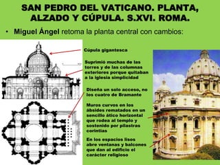 • Miguel Ángel retoma la planta central con cambios:
SAN PEDRO DEL VATICANO. PLANTA,
ALZADO Y CÚPULA. S.XVI. ROMA.
Muros curvos en los
ábsides rematados en un
sencillo ático horizontal
que rodea al templo y
sostenido por pilastras
corintias
Cúpula gigantesca
Suprimió muchas de las
torres y de las columnas
exteriores porque quitaban
a la iglesia simplicidad
Diseña un solo acceso, no
los cuatro de Bramante
En los espacios lisos
abre ventanas y balcones
que dan al edificio el
carácter religioso
 