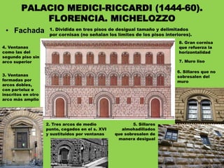 • Fachada
PALACIO MEDICI-RICCARDI (1444-60).
FLORENCIA. MICHELOZZO
8. Gran cornisa
que refuerza la
horizontalidad
1. Dividida en tres pisos de desigual tamaño y delimitados
por cornisas (no señalan los límites de los pisos interiores).
2. Tres arcos de medio
punto, cegados en el s. XVI
y sustituidos por ventanas
3. Ventanas
formadas por
arcos dobles,
con parteluz e
inscritos en otro
arco más amplio
4. Ventanas
como las del
segundo piso sin
arco superior
5. Sillares
almohadillados
que sobresalen de
manera desigual
6. Sillares que no
sobresalen del
muro
7. Muro liso
 