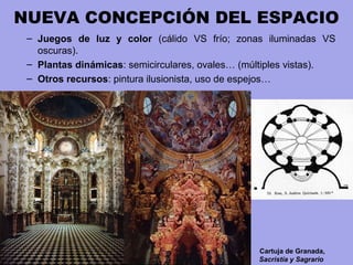 NUEVA CONCEPCIÓN DEL ESPACIO
– Juegos de luz y color (cálido VS frío; zonas iluminadas VS
oscuras).
– Plantas dinámicas: semicirculares, ovales… (múltiples vistas).
– Otros recursos: pintura ilusionista, uso de espejos…
Cartuja de Granada,
Sacristía y Sagrario
 