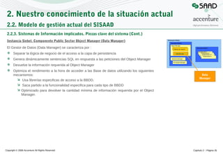 2. Nuestro conocimiento de la situación actual
2.2. Modelo de gestión actual del SISAAD
2.2.3. Sistemas de Información implicados. Piezas clave del sistema (Cont.)
Instancia Siebel. Componente Public Sector Object Manager (Data Manager)
El Gestor de Datos (Data Manager) se caracteriza por :
 Separar la lógica de negocio de el acceso a la capa de persistencia
 Genera dinámicamente sentencias SQL en respuesta a las peticiones del Object Manager
 Devuelve la información requerida al Object Manager
 Optimiza el rendimiento a la hora de acceder a las Base de datos utilizando los siguientes
mecanismos:
 Usa librerías especificas de acceso a la BBDD.

Data
Manager

 Saca partido a la funcionalidad especifica para cada tipo de BBDD
 Optimizado para devolver la cantidad mínima de información requerida por el Object
Manager.

Copyright © 2008 Accenture All Rights Reserved

Capítulo 2 – Página 26

 