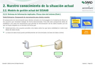 2. Nuestro conocimiento de la situación actual
2.2. Modelo de gestión actual del SISAAD
2.2.3. Sistemas de Información implicados. Piezas clave del sistema (Cont.)
Siebel Enterprise. Componente de sincronización para clientes remotos
El componente de sincronización para clientes remotos es el encargado en el sistema de ofrecer a
los usuarios que necesitan trabajar de forma desconectada. Para ello este componente debe de
establecer una serie de mecanismos que permita la sincronización de los datos locales con los
que se hayan alojados en el servidor de forma que:
 Siebel permite a los usuarios acceder a los datos sobre los que tiene visibilidad en modo local
(Base de datos local).
 La base de datos local puede periódicamente ser sincronizada a la base de datos central.

Copyright © 2008 Accenture All Rights Reserved

Siebel
Remote

Capítulo 2 – Página 30

 