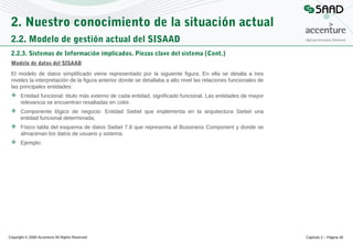 2. Nuestro conocimiento de la situación actual
2.2. Modelo de gestión actual del SISAAD
2.2.3. Sistemas de Información implicados. Piezas clave del sistema (Cont.)
Modelo de datos del SISAAD
El modelo de datos simplificado viene representado por la siguiente figura. En ella se detalla a tres
niveles la interpretación de la figura anterior donde se detallaba a alto nivel las relaciones funcionales de
las principales entidades:
 Entidad funcional: titulo más externo de cada entidad, significado funcional. Las entidades de mayor
relevancia se encuentran resaltadas en color.
 Componente lógico de negocio: Entidad Siebel que implementa en la arquitectura Siebel una
entidad funcional determinada,
 Físico tabla del esquema de datos Siebel 7.8 que representa al Bussiness Component y donde se
almacenan los datos de usuario y sistema.
 Ejemplo:

Copyright © 2008 Accenture All Rights Reserved

Capítulo 2 – Página 40

 