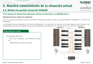 2. Nuestro conocimiento de la situación actual
2.2. Modelo de gestión actual del SISAAD
2.2.3. Sistemas de Información implicados. Entornos involucrados en el SISAAD (Cont.)
Infraestructura física. Entorno de explotación
Por ser el nucleo del sistema se pasa a describir la infraestructura física, virtual y de almacenamiento empleada en el entorno de
explotación.
Los servidores físicos empleados en el entorno de explotación son dos como se muestra en la figura adjunta. Estos servidores son
particionados para crear las múltiples instancias necesarias para la instalación de los componentes que conforman el SISAAD:

Características de servidor
2 Servidores IBM P570.
12 cores instalados
uno

tipo Power5 por cada

48GB RAM por cada uno de ellos

Copyright © 2008 Accenture All Rights Reserved

Capítulo 2 – Página 65

 