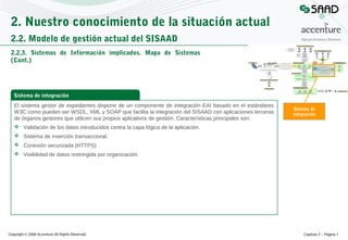 2. Nuestro conocimiento de la situación actual
2.2. Modelo de gestión actual del SISAAD
2.2.3. Sistemas de Información implicados. Mapa de Sistemas
(Cont.)

Sistema de integración
El sistema gestor de expedientes dispone de un componente de integración EAI basado en el estándares
W3C como pueden ser WSDL, XML y SOAP que facilita la integración del SISAAD con aplicaciones terceras
de órganos gestores que utilicen sus propios aplicativos de gestión. Características principales son:

Sistema de
integración

 Validación de los datos introducidos contra la capa lógica de la aplicación.
 Sistema de inserción transaccional.
 Conexión securizada (HTTPS)
 Visibilidad de datos restringida por organización.

Copyright © 2008 Accenture All Rights Reserved

Capítulo 2 – Página 7

 