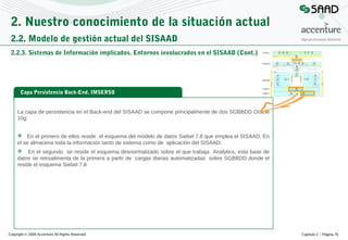 2. Nuestro conocimiento de la situación actual
2.2. Modelo de gestión actual del SISAAD
2.2.3. Sistemas de Información implicados. Entornos involucrados en el SISAAD (Cont.)

Capa Persistencia Back-End. IMSERSO

La capa de persistencia en el Back-end del SISAAD se compone principalmente de dos SGBBDD Oracle
10g:
 En el primero de ellos reside el esquema del modelo de datos Siebel 7.8 que emplea el SISAAD. En
el se almacena toda la información tanto de sistema como de aplicación del SISAAD.
 En el segundo se reside el esquema desnormalizado sobre el que trabaja Analytics, esta base de
datos se retroalimenta de la primera a partir de cargas diarias automatizadas sobre SGBBDD donde el
reside el esquema Siebel 7.8

Copyright © 2008 Accenture All Rights Reserved

Capítulo 2 – Página 76

 