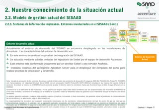 2. Nuestro conocimiento de la situación actual
2.2. Modelo de gestión actual del SISAAD
2.2.3. Sistemas de Información implicados. Entornos involucrados en el SISAAD (Cont.)

Entorno desarrollo actual
Actualmente el entorno de desarrollo del SISAAD se encuentra desplegado en las instalaciones de
Accenture . Las características del entorno de desarrollo son:
 En este entorno se realizan las pruebas de integración del SISAAD.
 Se actualiza mediante subidas unitarias del repositorio de Siebel por el equipo de desarrollo Accenture.

Entorno de desarrollo
Actual

 Este entorno esta conformado únicamente por un servidor Siebel y otro servidor Analytics.
 Instalado instancia del Websphere Aplication Server para el despliegue del compilado del portal para
realizar pruebas de depuración y desarrollo.

Nota: Iniciada la prestación de los servicios, Accenture cederá el título sobre los servidores de desarrollo (2 máquinas IBM IBM P5,9133-55A, PowerPC_POWER5
con 4 procesadores y 2 máquinas Windows Server 2003, con un procesador Intel(R) Pentium(R) 4CPU 280GHz) incluidas en las mejoras de nuestra oferta de
servicios. Accenture se reserva, y el IMSERSO por la presente acepta, el dominio sobre los servidores hasta que Accenture haya recibido el pago del precio en su
totalidad.
Accenture no es el fabricante de los Productos y no da garantía de ninguna clase sobre estos servidores que son proporcionados por Accenture al IMSERSO tal
como sean recibidos. Accenture sin embargo, en la medida de lo posible, cederá al IMSERSO todas las garantías que el fabricante otorgue en relación con dichos
servidores.
La anterior garantía sustituye a cualquier otra garantía, expresa o implícita, incluyendo, a titulo enunciativo, las garantías sobre la posibilidad de comercialización
de los servidores o su adecuación para un determinado uso.
La responsabilidad de Accenture por cualquier reclamación relacionada con los servidores, independientemente del tipo de acción de que se trate (ya sea
extracontractual, basada en el contrato o en la legislación aplicable, incluyendo, sin límite alguno, culpa o negligencia) no excederá el importe de los pagos
efectuados por el IMSERSO en pago de los servidores que den pie a la reclamación. En ningún caso Accenture será responsable de daños indirectos, derivados,
especiales, indemnizatorios o penalizaciones
Copyright © 2008 Accenture All Rights Reserved (incluyendo lucro cesante) incluso en el supuesto de que el IMSERSO haya advertido a Accenture sobre su posible
existencia.

Capítulo 2 – Página 77

 