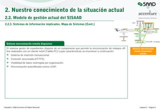 2. Nuestro conocimiento de la situación actual
2.2. Modelo de gestión actual del SISAAD
2.2.3. Sistemas de Información implicados. Mapa de Sistemas (Cont.)

Sistema sincronización remota disposivos
móviles
El sistema gestor de expedientes dispone de un componente que permite la sincronización de trabajos offline realizados con un cliente móvil (Tablet-PC) cuyas características se enumeran a continuación:
 Sistema de inserción transaccional.

Sistema sincronización
remota dispositivos
móviles

 Conexión securizada (HTTPS)
 Visibilidad de datos restringida por organización.
 Sincronización autentificada contra LDAP.

Copyright © 2008 Accenture All Rights Reserved

Capítulo 2 – Página 8

 