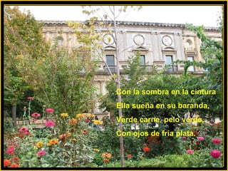 Con la sombra en la cintura Ella sueña en su baranda, Verde carne, pelo verde, Con ojos de fría plata. 