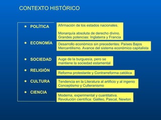 CONTEXTO   HISTÓRICO POLÍTICA ECONOMÍA SOCIEDAD RELIGIÓN CULTURA CIENCIA Moderna, experimental y cuantitativa.  Revolución científica: Galileo, Pascal, Newton   A firmación de los estados nacionales .   M onarquía absoluta de derecho divino.  Grandes potencia s: Inglaterra y Francia D esarrollo económico sin precedentes :   Países Bajos Mercantilismo. Avance del sistema económico capitalista  Auge de la burguesía, pero se mantiene  la sociedad estamental Reforma protestante y Contrarreforma católica T endencia  en la Literatura  al artificio y al ingeni o  Conceptismo y Culteranismo 