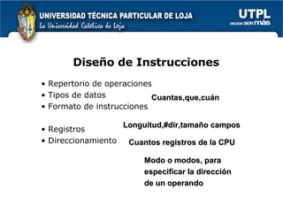 Diseño de Instrucciones Repertorio de operaciones Tipos de datos Formato de instrucciones Registros  Direccionamiento Cuantas,que,cu án Longuitud,#dir,tamaño campos Cuantos registros de la CPU Modo o modos, para  especificar la direcci ón de un operando 