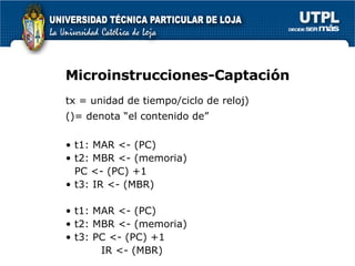 Microinstrucciones-Captaci ón tx = unidad de tiempo/ciclo de reloj) ()= denota “el contenido de” t1: MAR <- (PC) t2: MBR <- (memoria) PC <- (PC) +1 t3: IR <- (MBR) t1: MAR <- (PC) t2: MBR <- (memoria) t3: PC <- (PC) +1 IR <- (MBR) 