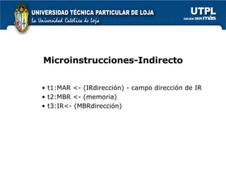 Microinstrucciones-Indirecto t1:MAR <- (IRdirección) - campo dirección de IR t2:MBR <- (memoria) t3:IR<- (MBRdirección) 