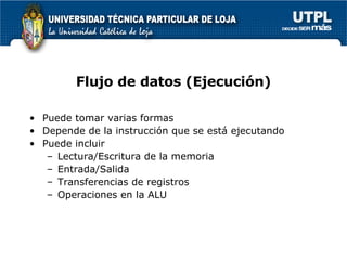 Flujo de datos (Ejecuci ón ) Puede tomar varias formas Depende de la instrucci ón   que se est á  ejecutando Puede incluir Lectura/Escritura de la memoria Entrada/Salida Transferencias de registros Operaciones en la ALU 