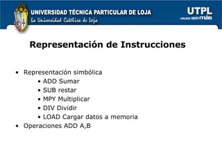 Representaci ón de Instrucciones Representaci ón simbólica  ADD Sumar SUB restar MPY Multiplicar DIV Dividir LOAD Cargar datos a memoria Operaciones ADD A,B 