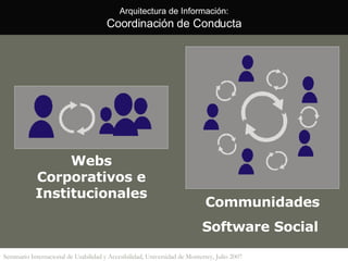 Arquitectura de Información: Coordinación de Conducta Webs Corporativos e Institucionales Communidades Software Social  