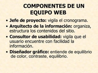 COMPONENTES DE UN EQUIPO WEB  Jefe de proyecto:  vigila el cronograma. Arquitecto de la información:  organiza, estructura los contenidos del sitio. Consultor de usabilidad:  vigila que el usuario encuentre con facilidad la información. Diseñador gráfico:  entiende de equilibrio  de color, contraste, equilibrio.  