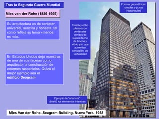 Su arquitectura es de carácter
universal, sencilla y honesta, tal
como refleja su lema «menos
es más.
En Estados Unidos dejó muestras
de una de sus facetas como
arquitecto: la construcción de
enormes rascacielos. Quizá el
mejor ejemplo sea el
edificio Seagram
Mies Van der Rohe. Seagram Building. Nueva York, 1958
Formas geométricas
simples y puras
(rectangular)
Treinta y ocho
plantas con
ventanales
corridos de
suelo a techo
de bronce y
vidrio gris que
aumentan
sensación de
verticalidad
Ejemplo de “arte total”
diseñó los elementos interiores
Tras la Segunda Guerra Mundial
Mies van der Rohe (1886-1969)
 