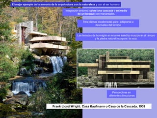 Frank Lloyd Wright. Casa Kaufmann o Casa de la Cascada, 1939
integración entorno: sobre una cascada y en medio
de un bosque con manantiales.
Tres plantas escalonadas para adaptarse a
desniveles del terreno
Las terrazas de hormigón en enorme saledizo incorporan al arroyo
y la piedra natural incorpora la roca.
Perspectivas en
diferentes direcciones
El mejor ejemplo de la armonía de la arquitectura con la naturaleza y con el ser humano
 